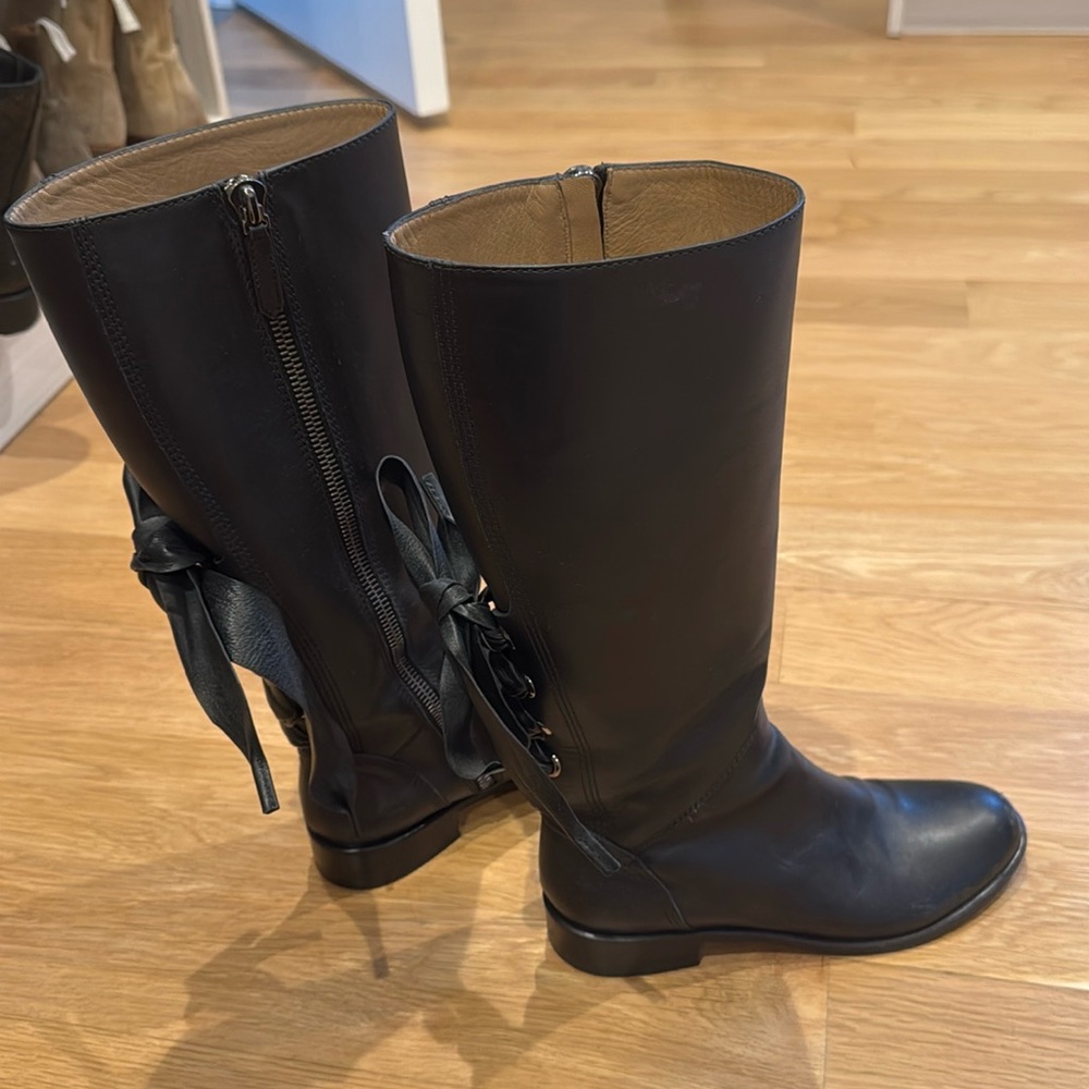 Gently worn black Valentino Garavani Ascot Ribbon lace up knee high boots 37.5